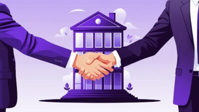 パープル企業で握手をしている、スーツ姿の人たち