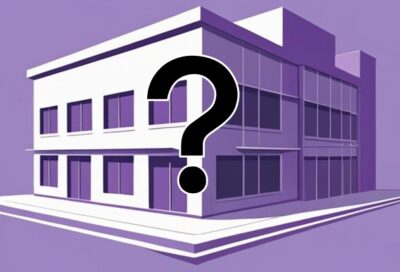 パープル企業(紫色の会社)に、ハテナが乗っている