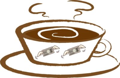 マイルドなコーヒーと貧困を表す飛んでいくお金