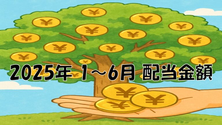 2025年1月から6月の配当金公開の文字と、配当金イメージの木にお金が成っている